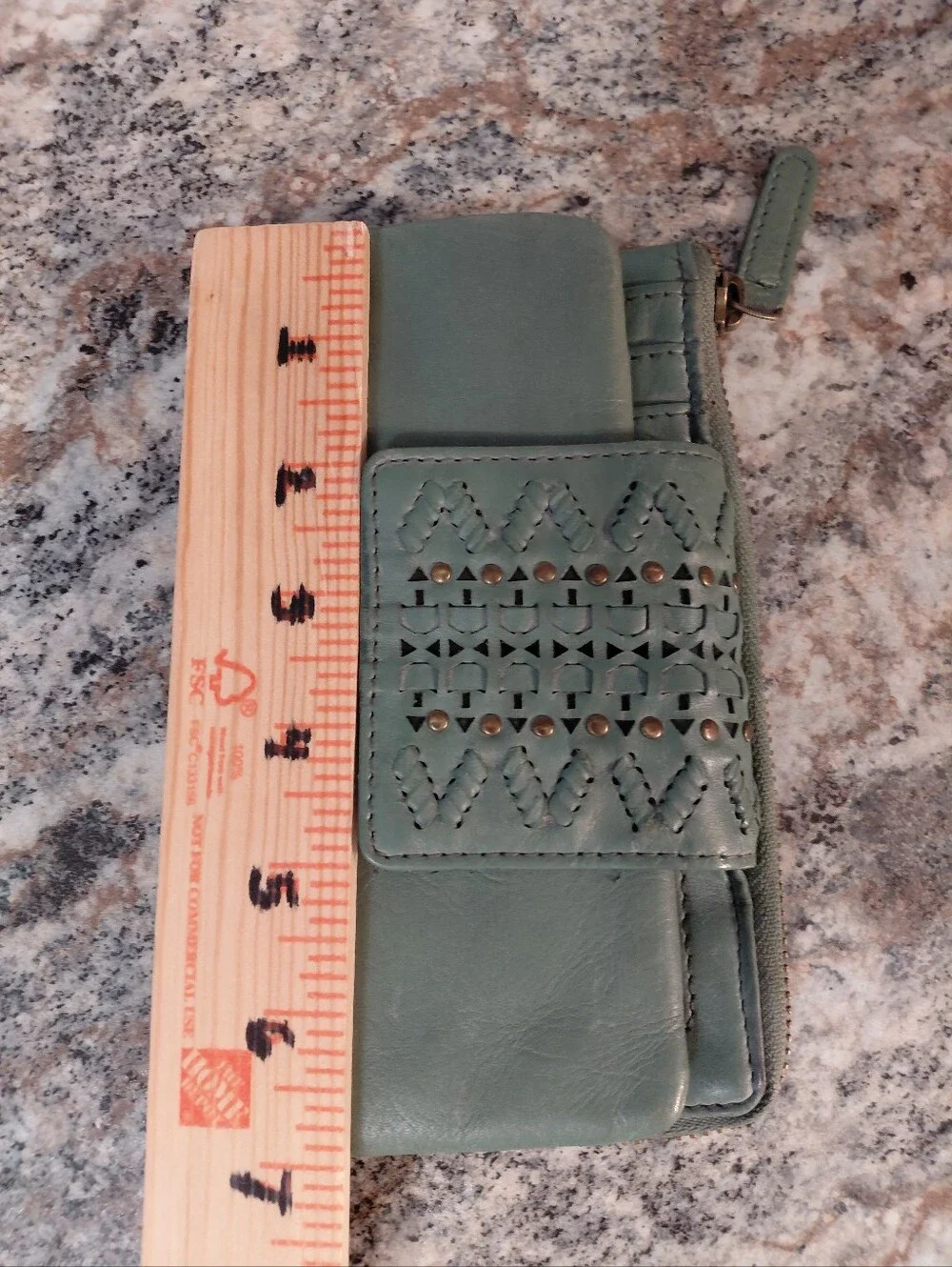 Vilenca Holland Sage Green Leather Zip Wallet with Decorative Studs